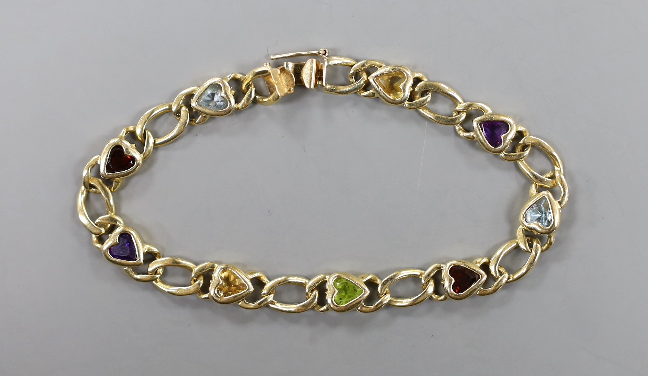 A modern Baith 14k and multi heart shaped gem set bracelet, 19cm